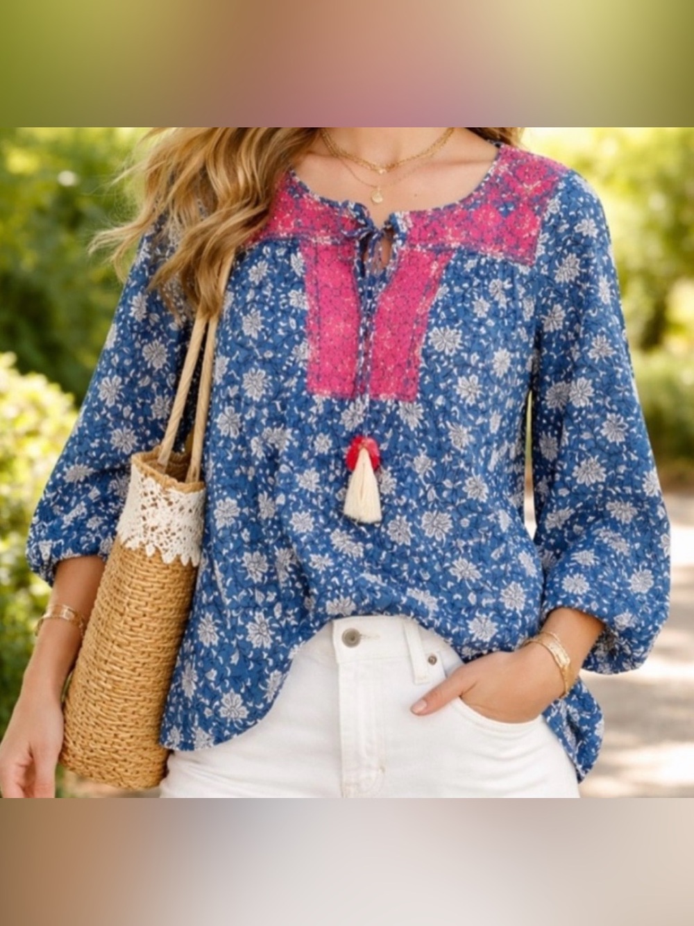 J.Crew Re-Imagined Blue Floral Embroidered Tassel Peasant Blouse Top Small